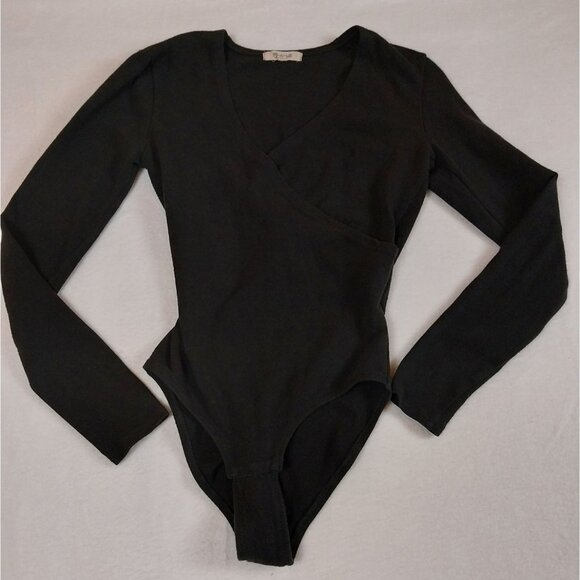 Madewell Tops - Madewell Long Sleeve Black Bodysuit‎ Faux Wrap Surplice Soft sz S